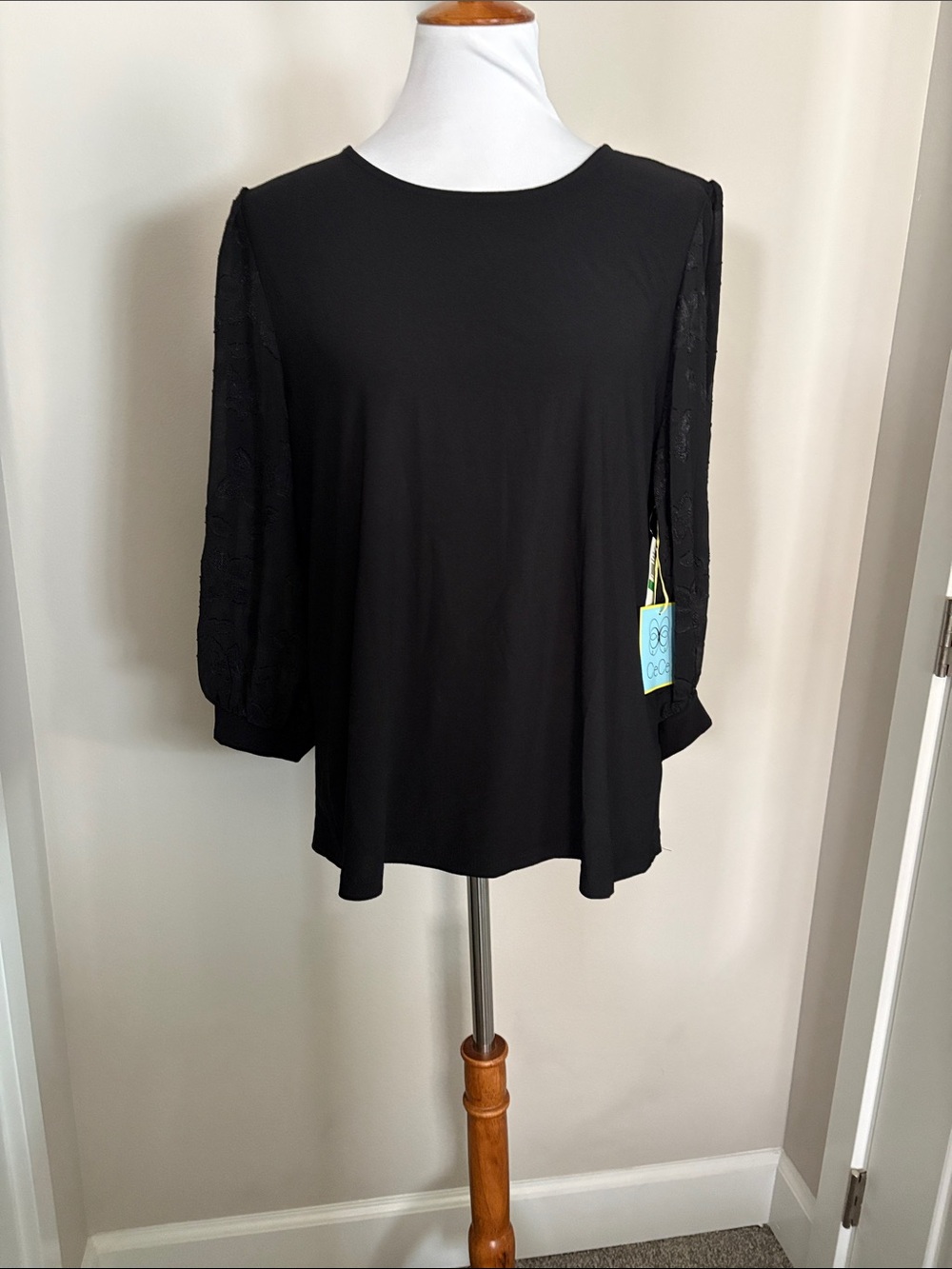 CeCe Black Lace-Sleeve Round-Neck Blouse